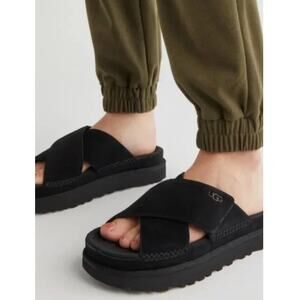 UGG Goldenstar Cross Slide, Black Suede, Size 11